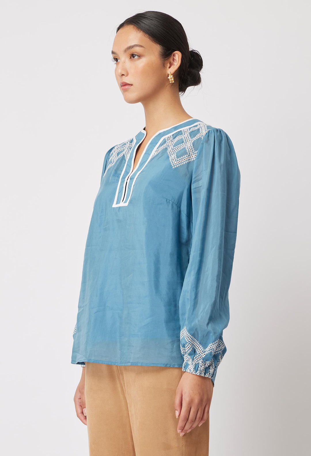 OnceWas Mahra Silk/Cotton Blouse in Aegean Blue