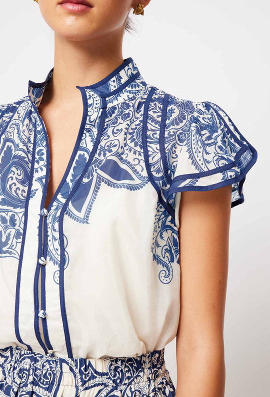 OnceWas Panama Cotton Silk Top in Bone Paisley