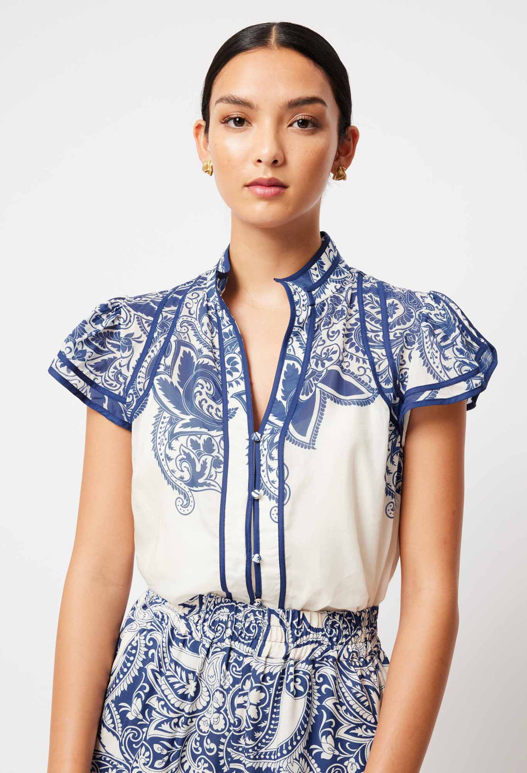 OnceWas Panama Cotton Silk Top in Bone Paisley