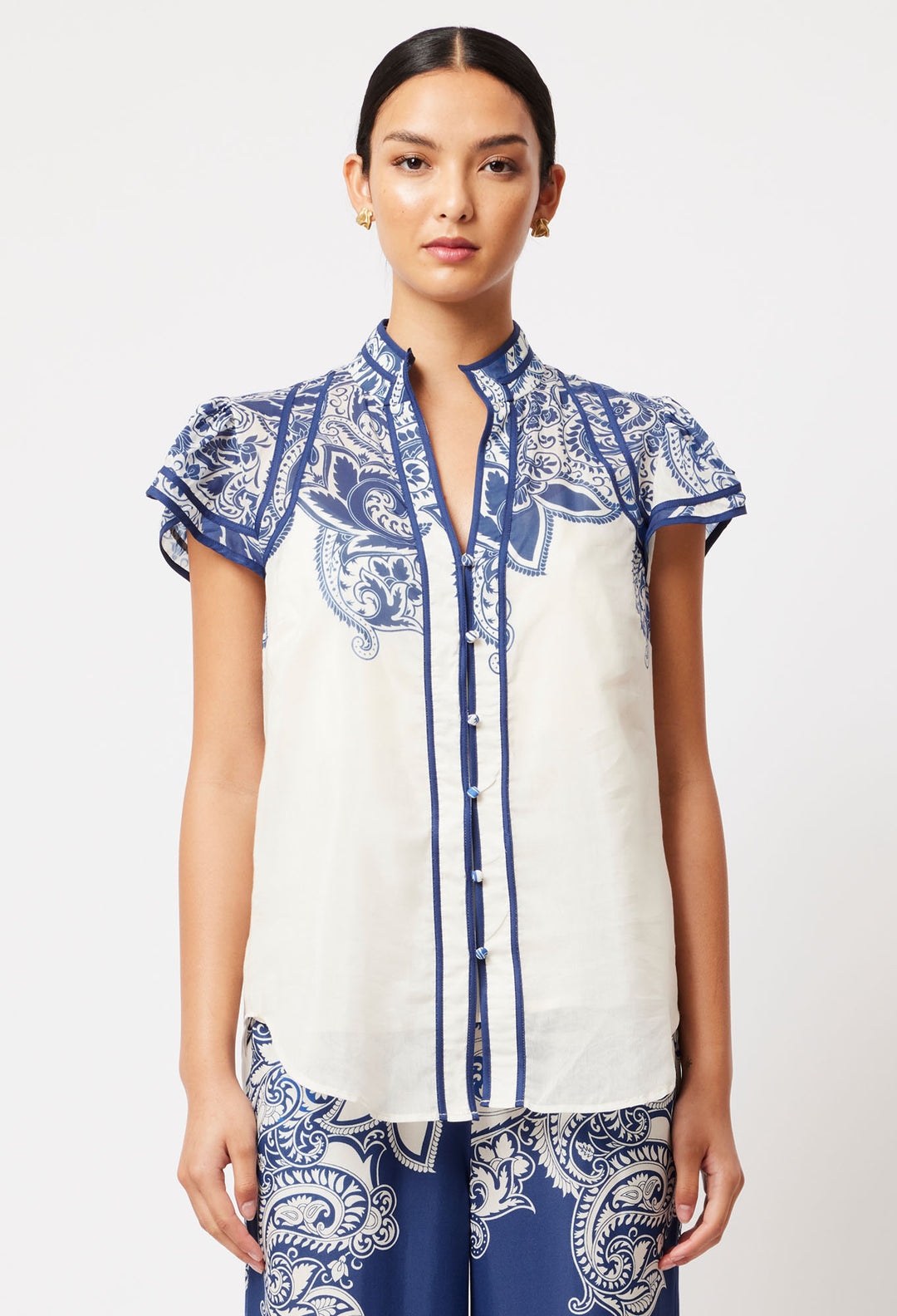 OnceWas Panama Cotton Silk Top in Bone Paisley