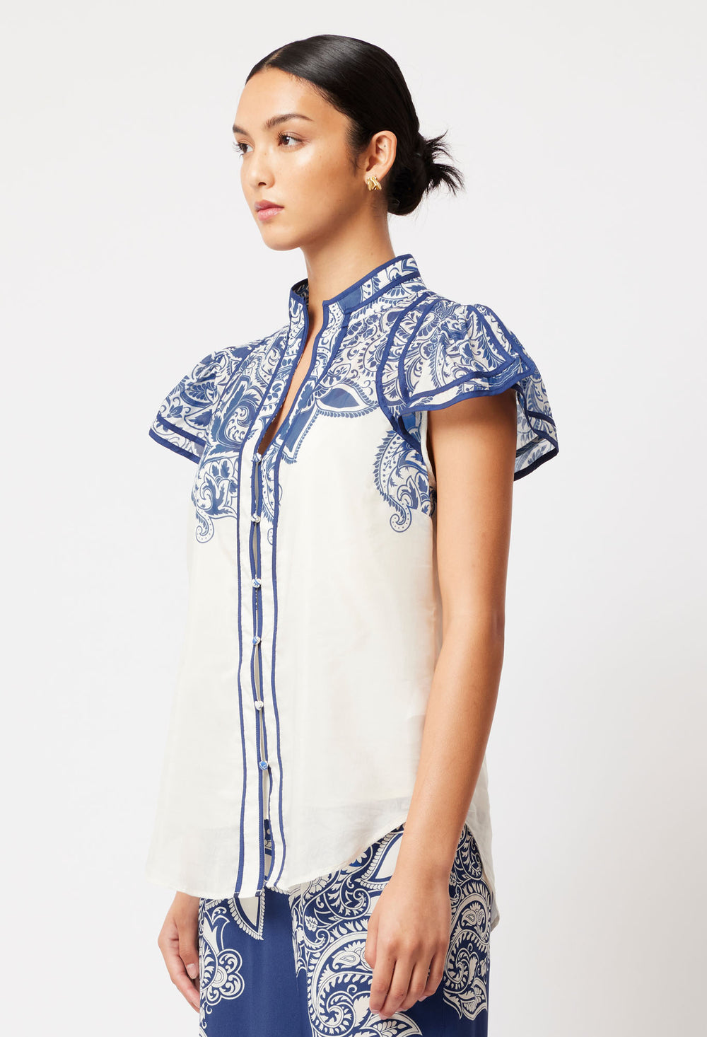 OnceWas Panama Cotton Silk Top in Bone Paisley