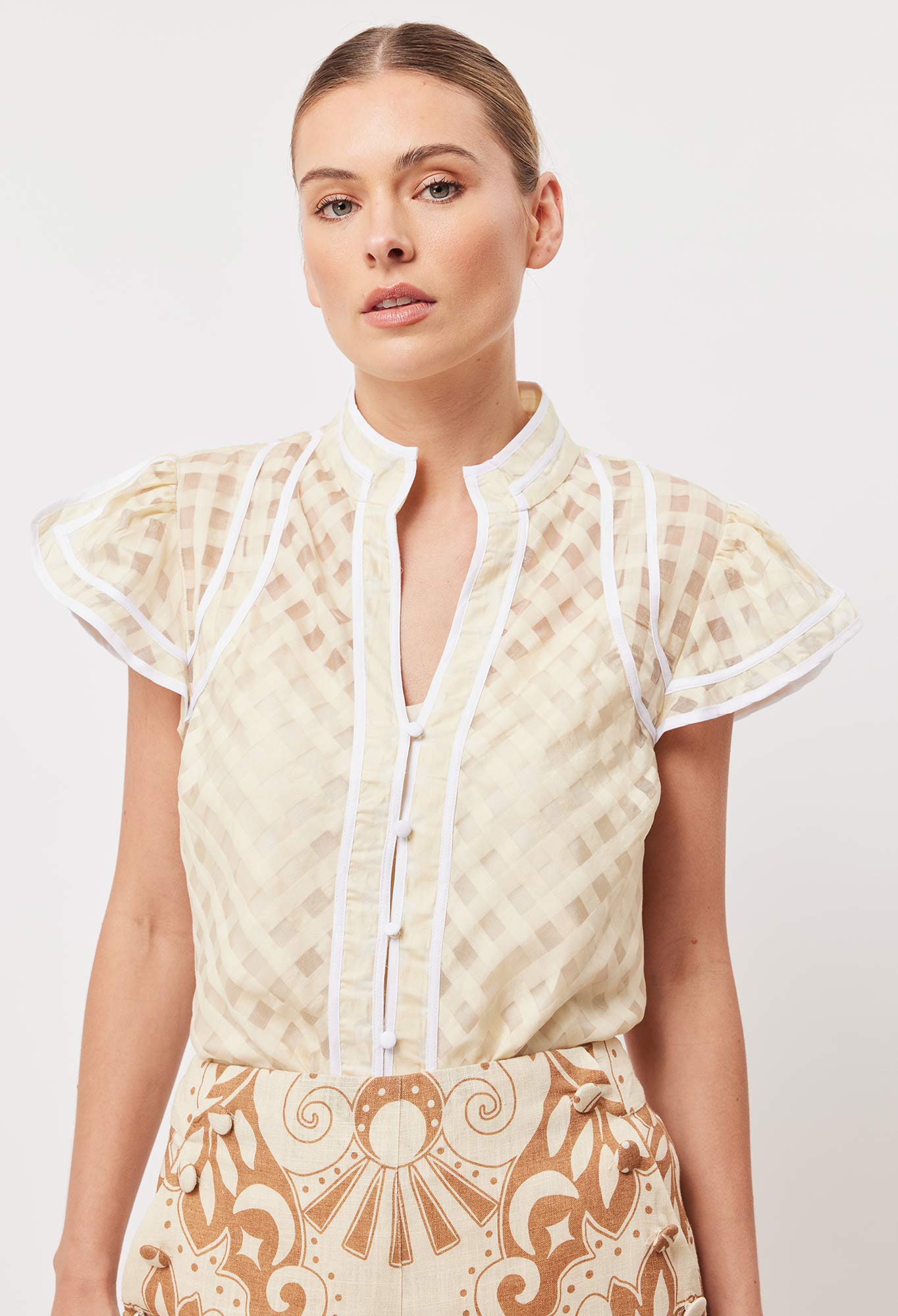 OnceWas Panama Cotton Silk Flutter Sleeve Top in Bone