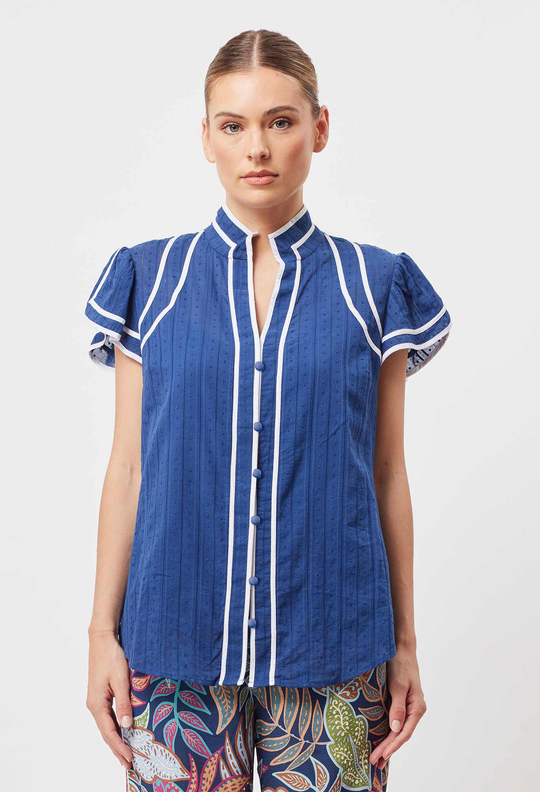 OnceWas Panama Cotton Clip Spot Top in Marino