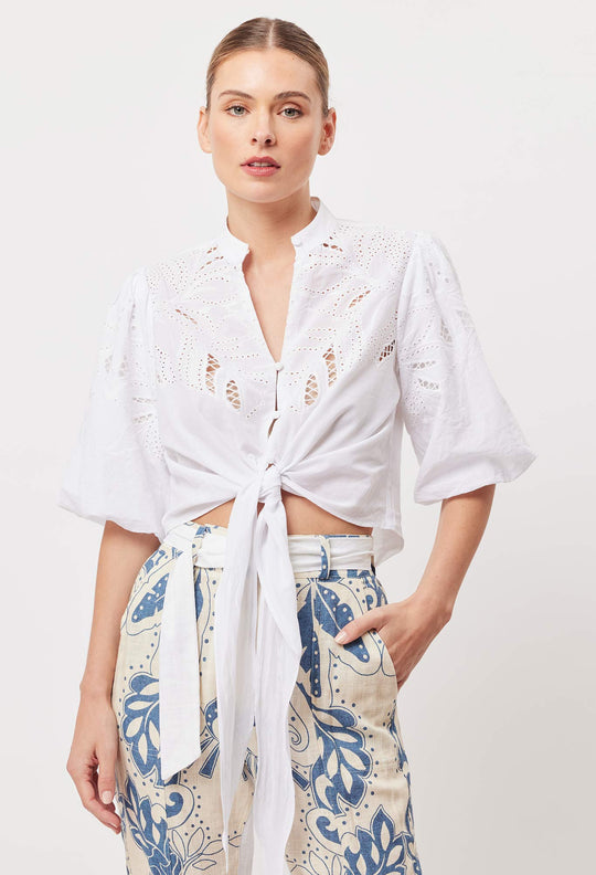 Flores Cotton Embroidered Shirt in White