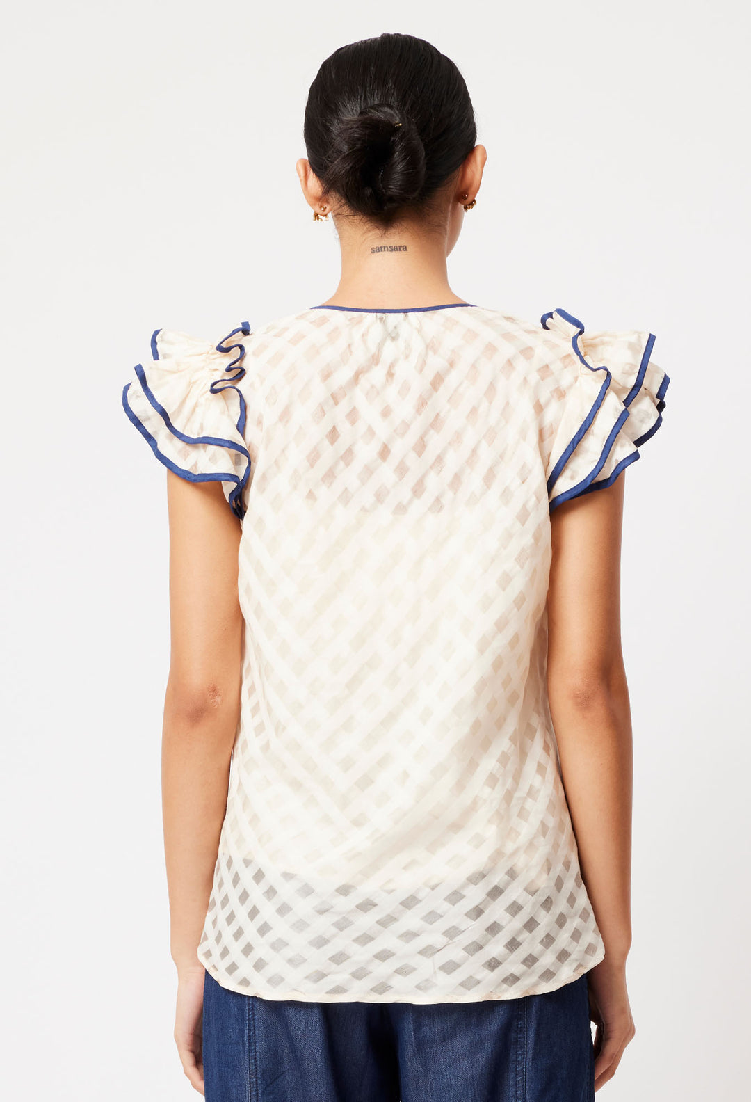 OnceWas Elena Cotton Silk Blouse in Bone/Navy