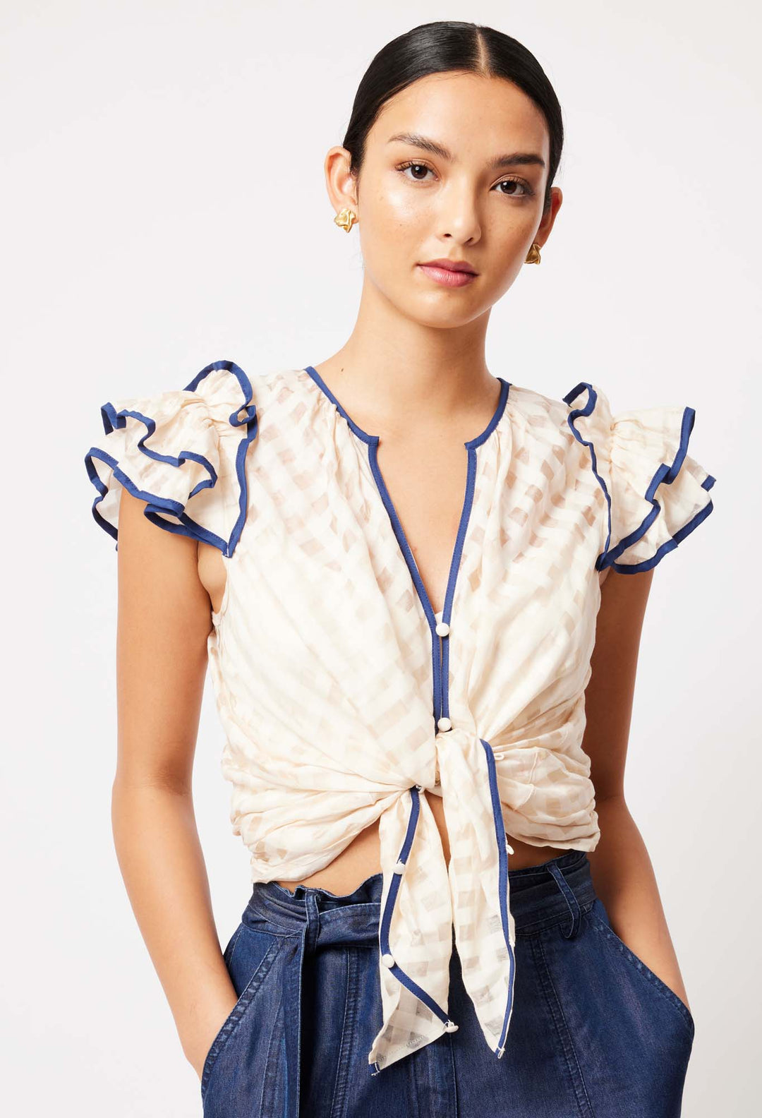 OnceWas Elena Cotton Silk Blouse in Bone/Navy