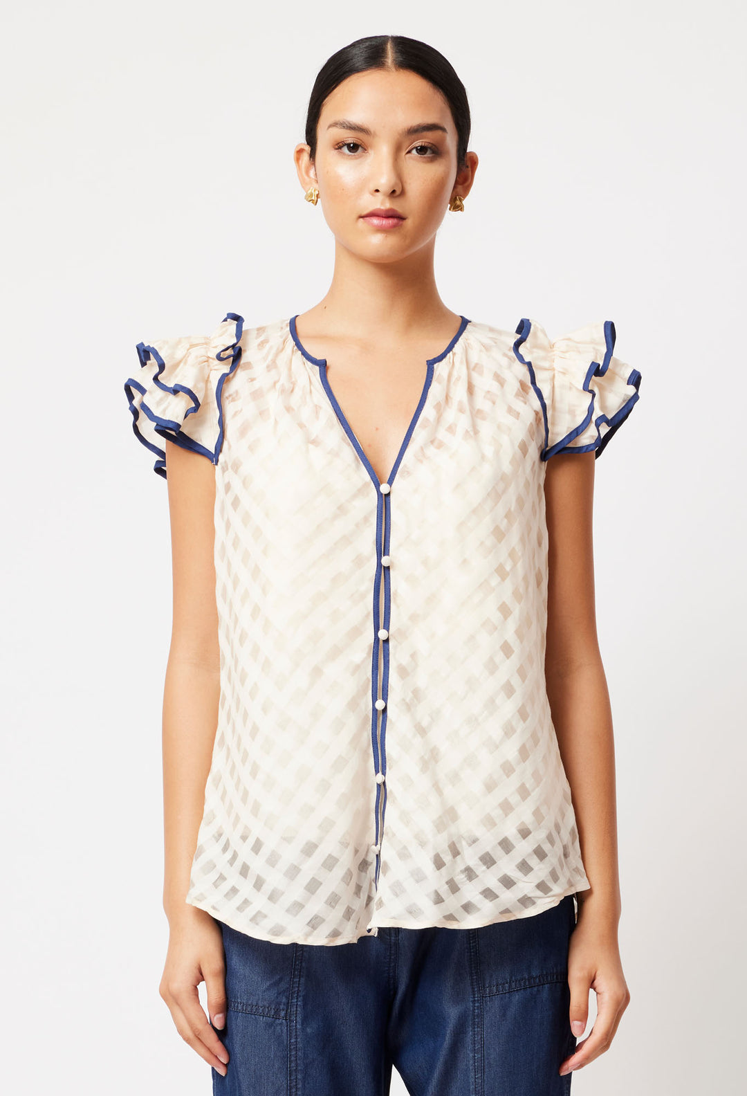 OnceWas Elena Cotton Silk Blouse in Bone/Navy