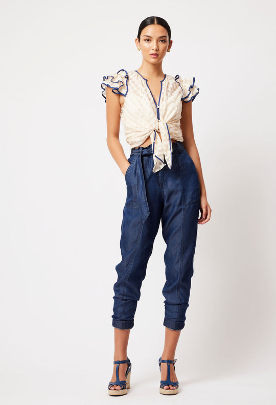 OnceWas Elena Cotton Silk Blouse in Bone/Navy