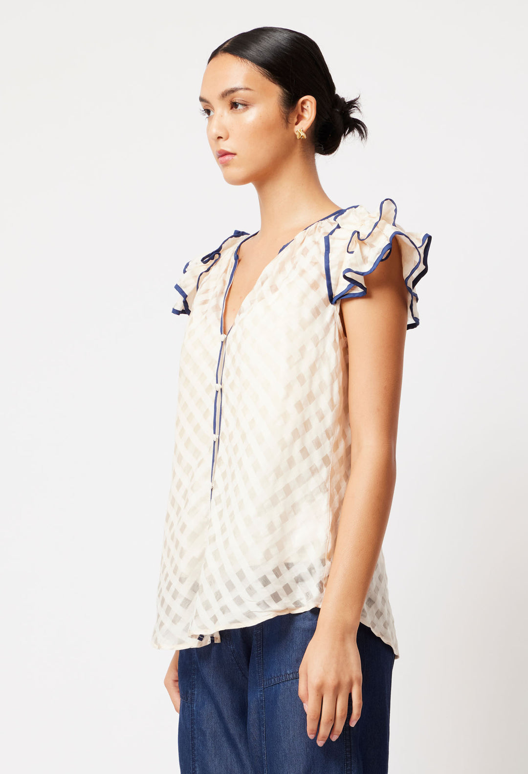 OnceWas Elena Cotton Silk Blouse in Bone/Navy