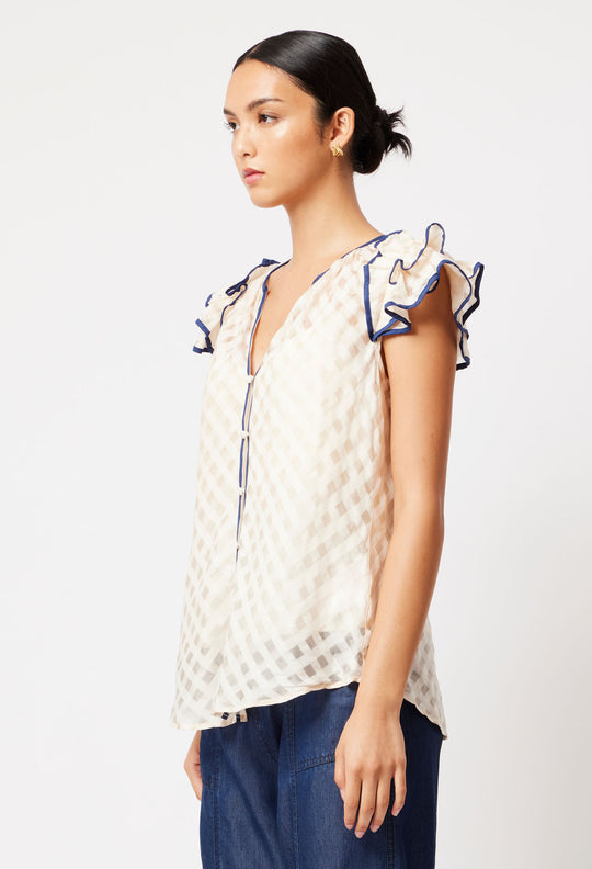 OnceWas Elena Cotton Silk Blouse in Bone/Navy