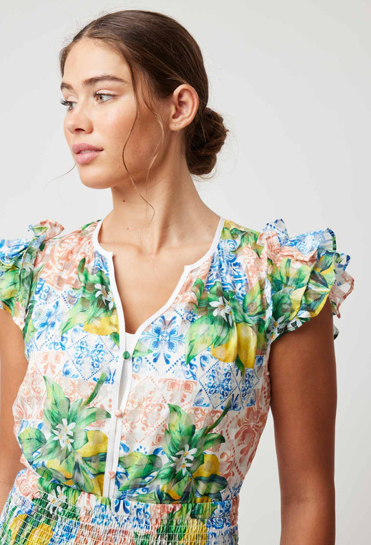 OnceWas Elena Cotton Silk Blouse in Limonata