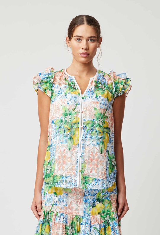 OnceWas Elena Cotton Silk Blouse in Limonata