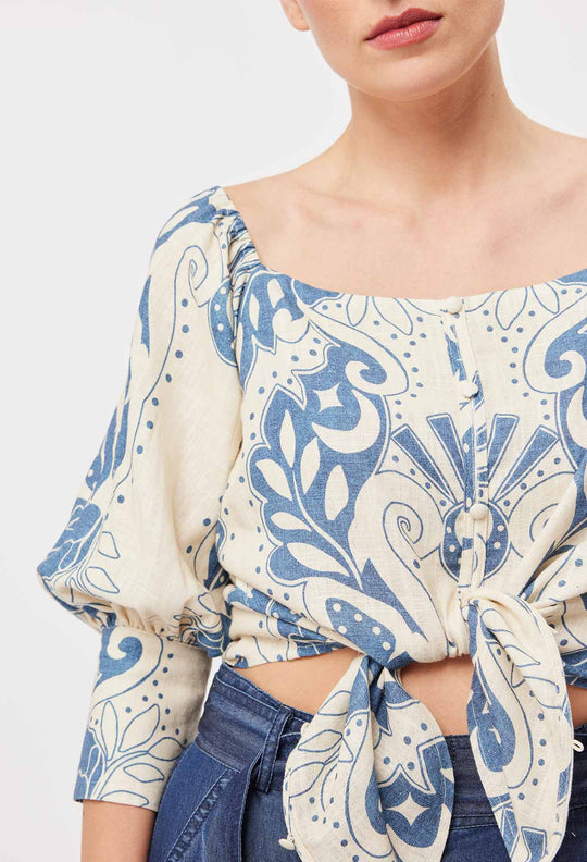 Oncewas Templo Linen Viscose Top in Del Sol Azure