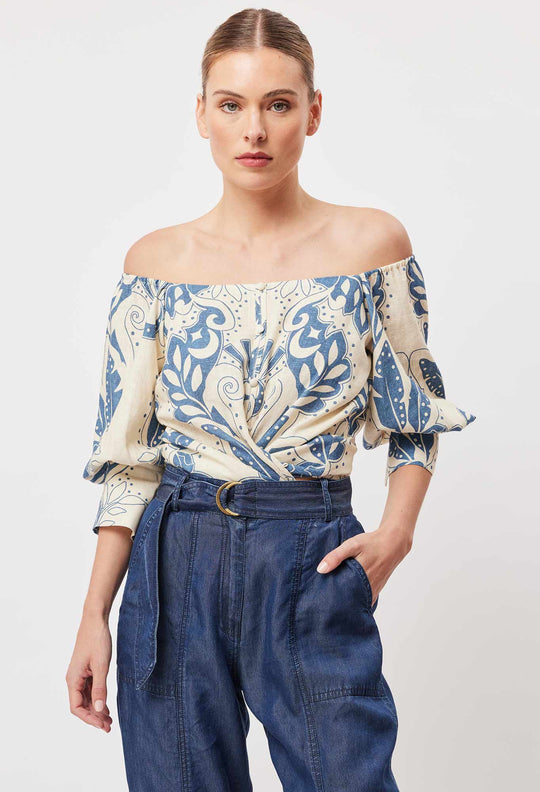 Oncewas Templo Linen Viscose Top in Del Sol Azure