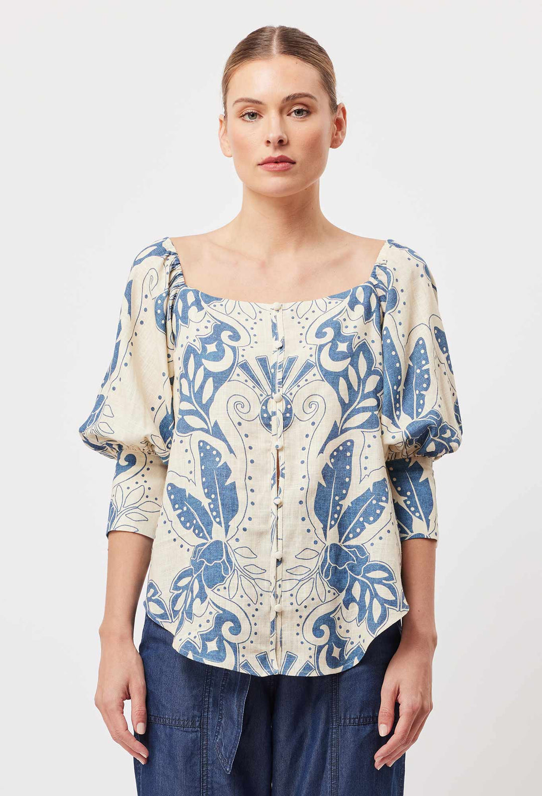 Oncewas Templo Linen Viscose Top in Del Sol Azure