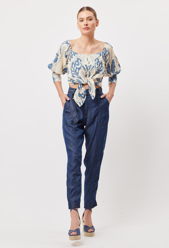 Oncewas Templo Linen Viscose Top in Del Sol Azure