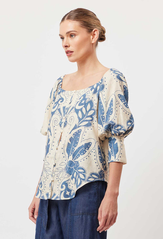 Oncewas Templo Linen Viscose Top in Del Sol Azure