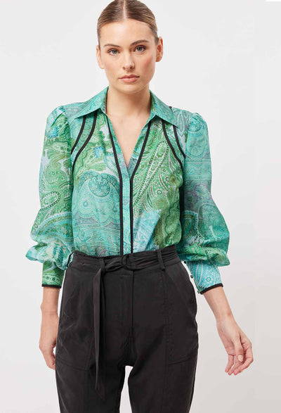 OnceWas Odyssey Cotton Silk Shirt in Jade Exotic