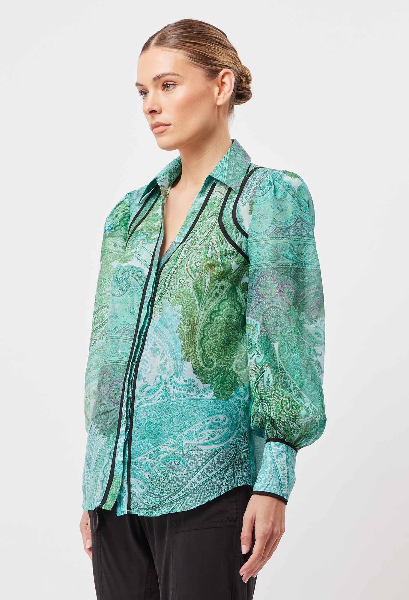 OnceWas Odyssey Cotton Silk Shirt in Jade Exotic