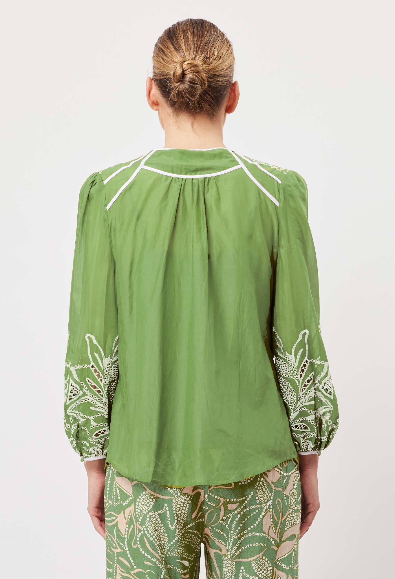OnceWas Granada Embroidered Cotton Silk Top in Palm