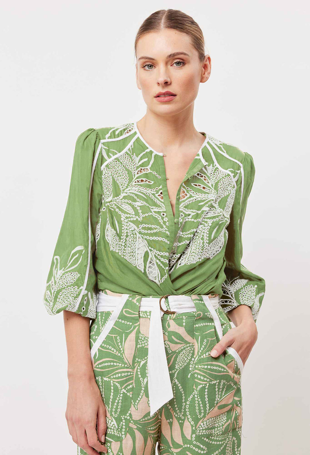 OnceWas Granada Embroidered Cotton Silk Top in Palm