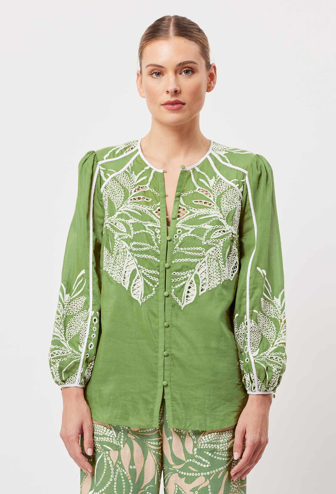 OnceWas Granada Embroidered Cotton Silk Top in Palm