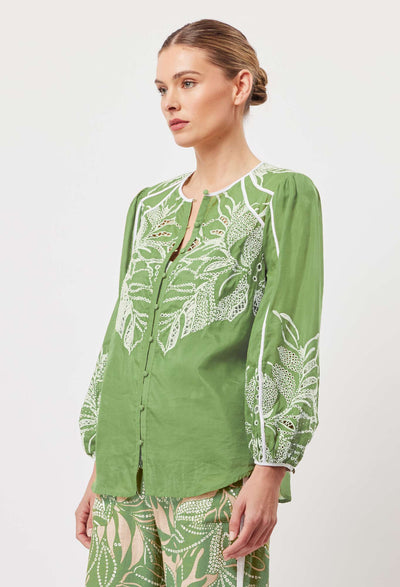 OnceWas Granada Embroidered Cotton Silk Top in Palm