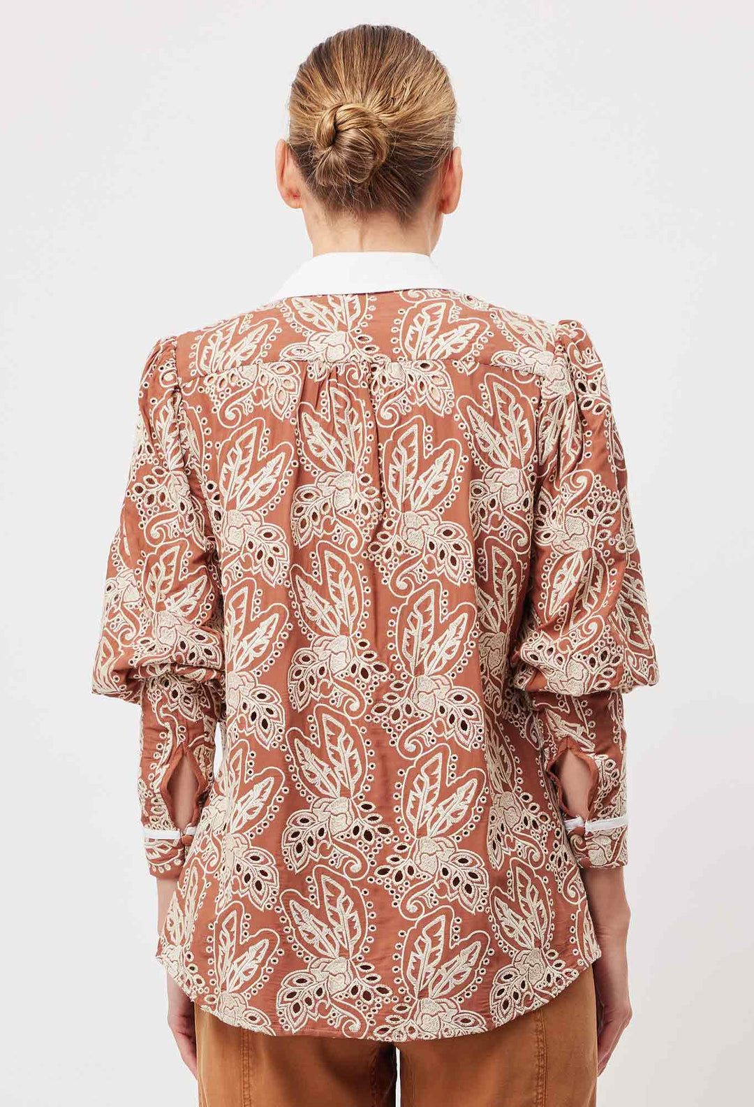 OnceWas Antigua Cotton Pleat Sleeve Shirt in Bronzed Embroidery