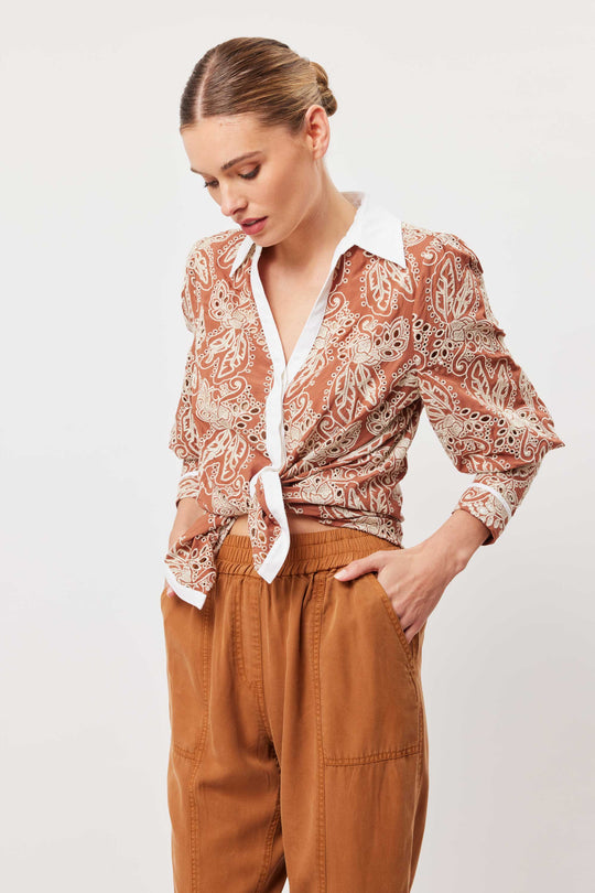 OnceWas Antigua Cotton Pleat Sleeve Shirt in Bronzed Embroidery