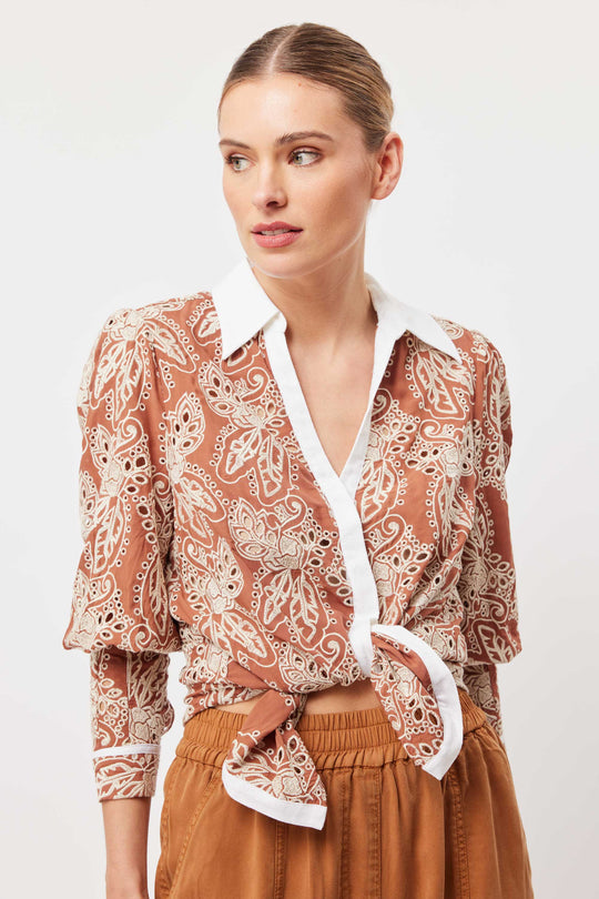 OnceWas Antigua Cotton Pleat Sleeve Shirt in Bronzed Embroidery