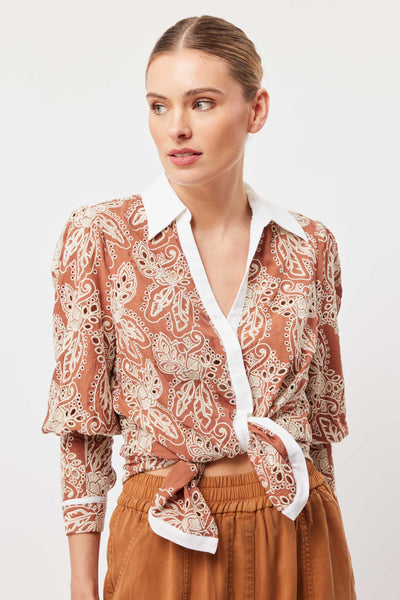 OnceWas Antigua Cotton Pleat Sleeve Shirt in Bronzed Embroidery