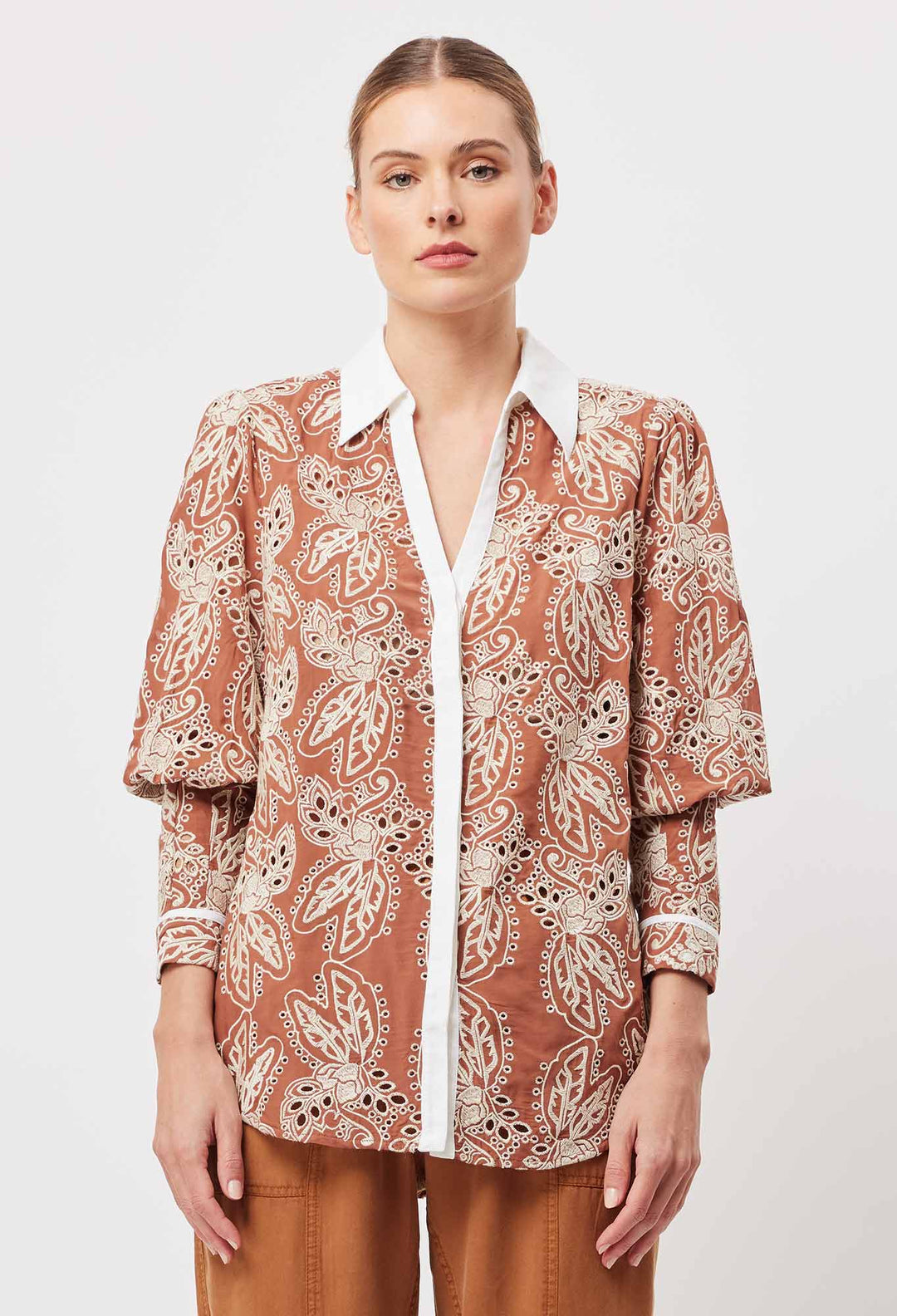 OnceWas Antigua Cotton Pleat Sleeve Shirt in Bronzed Embroidery