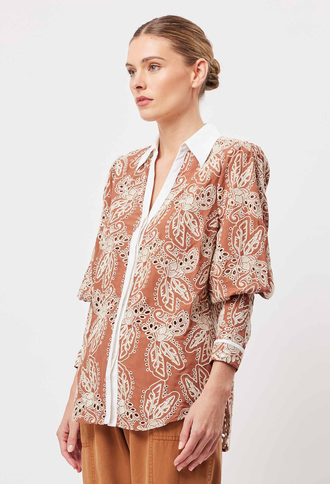 OnceWas Antigua Cotton Pleat Sleeve Shirt in Bronzed Embroidery