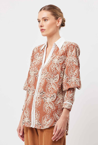 OnceWas Antigua Cotton Pleat Sleeve Shirt in Bronzed Embroidery