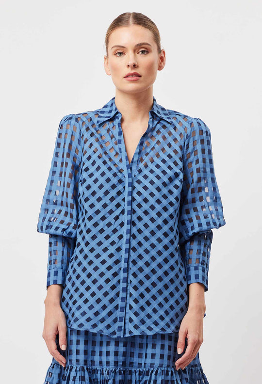 OnceWas Antigua Cotton Silk Self-Check Shirt in Laguna