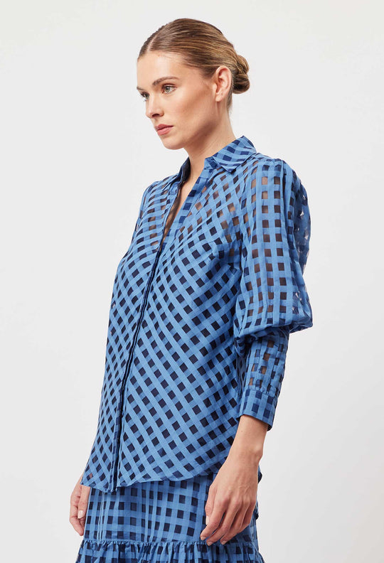 OnceWas Antigua Cotton Silk Self-Check Shirt in Laguna