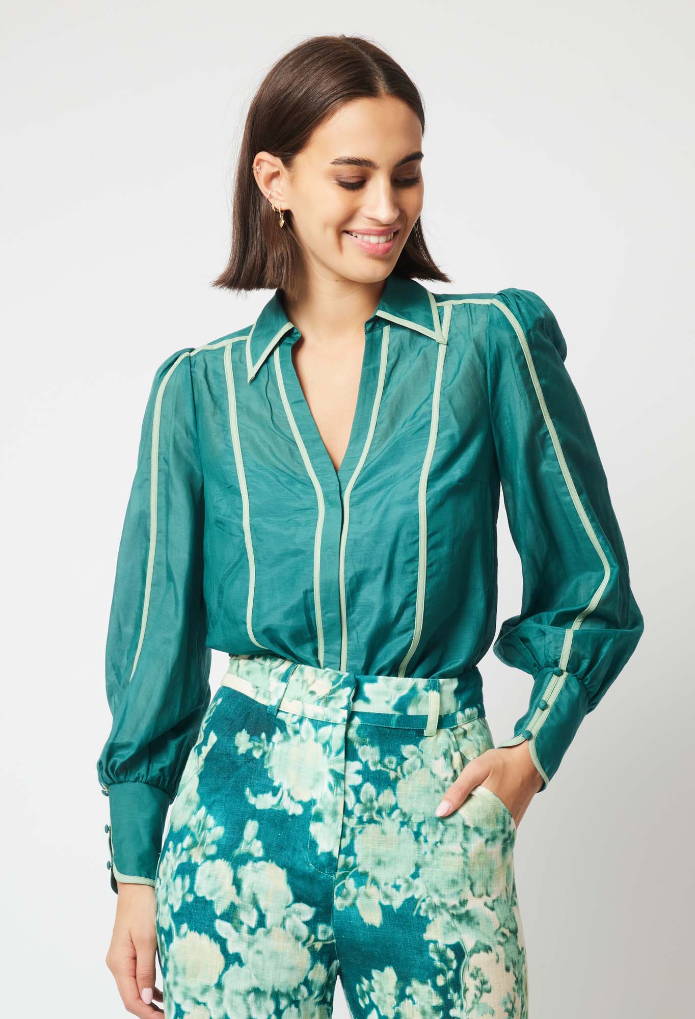 OnceWas Pisces Cotton Silk Shirt in Jade