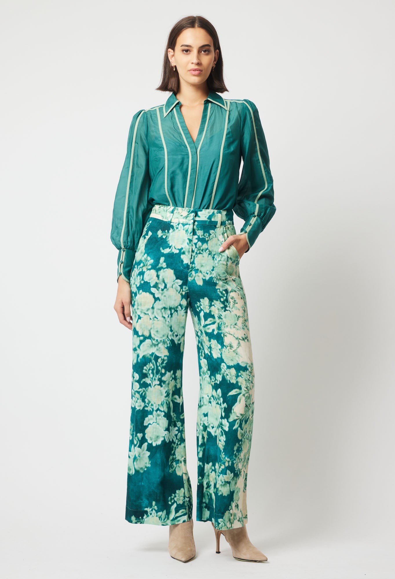 OnceWas Dynasty Linen Viscose Pant in Jade Floral
