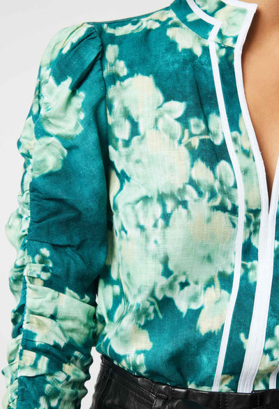 OnceWas Pavillion Linen Viscose Shirt in Jade Floral