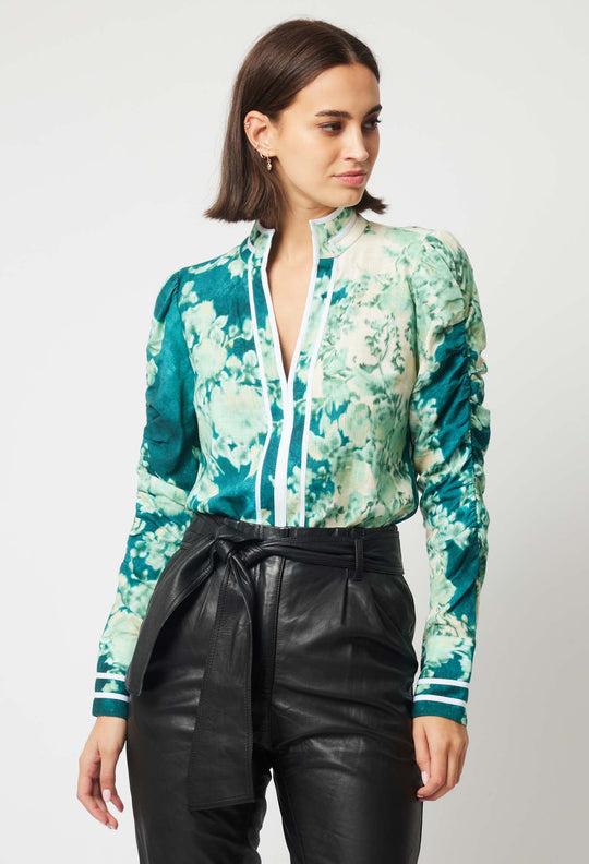 OnceWas Pavillion Linen Viscose Shirt in Jade Floral