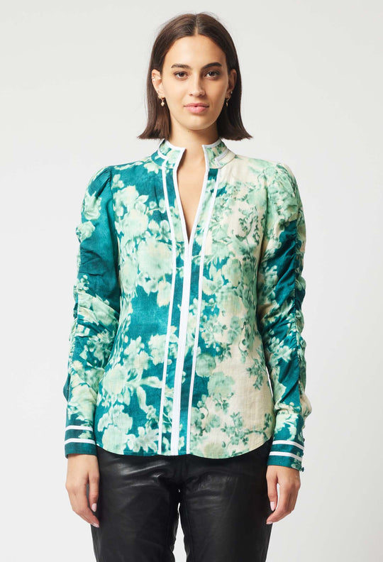 OnceWas Pavillion Linen Viscose Shirt in Jade Floral