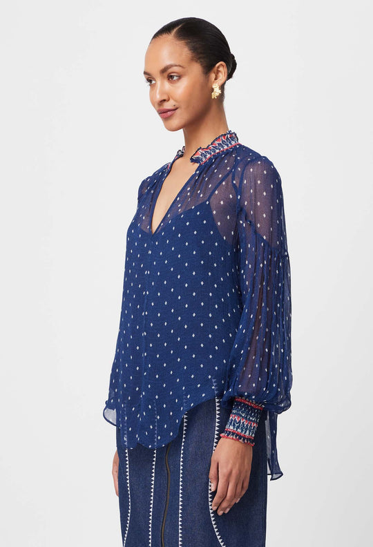 OnceWas Phoenix Viscose Chiffon Blouse in Lapis Spot