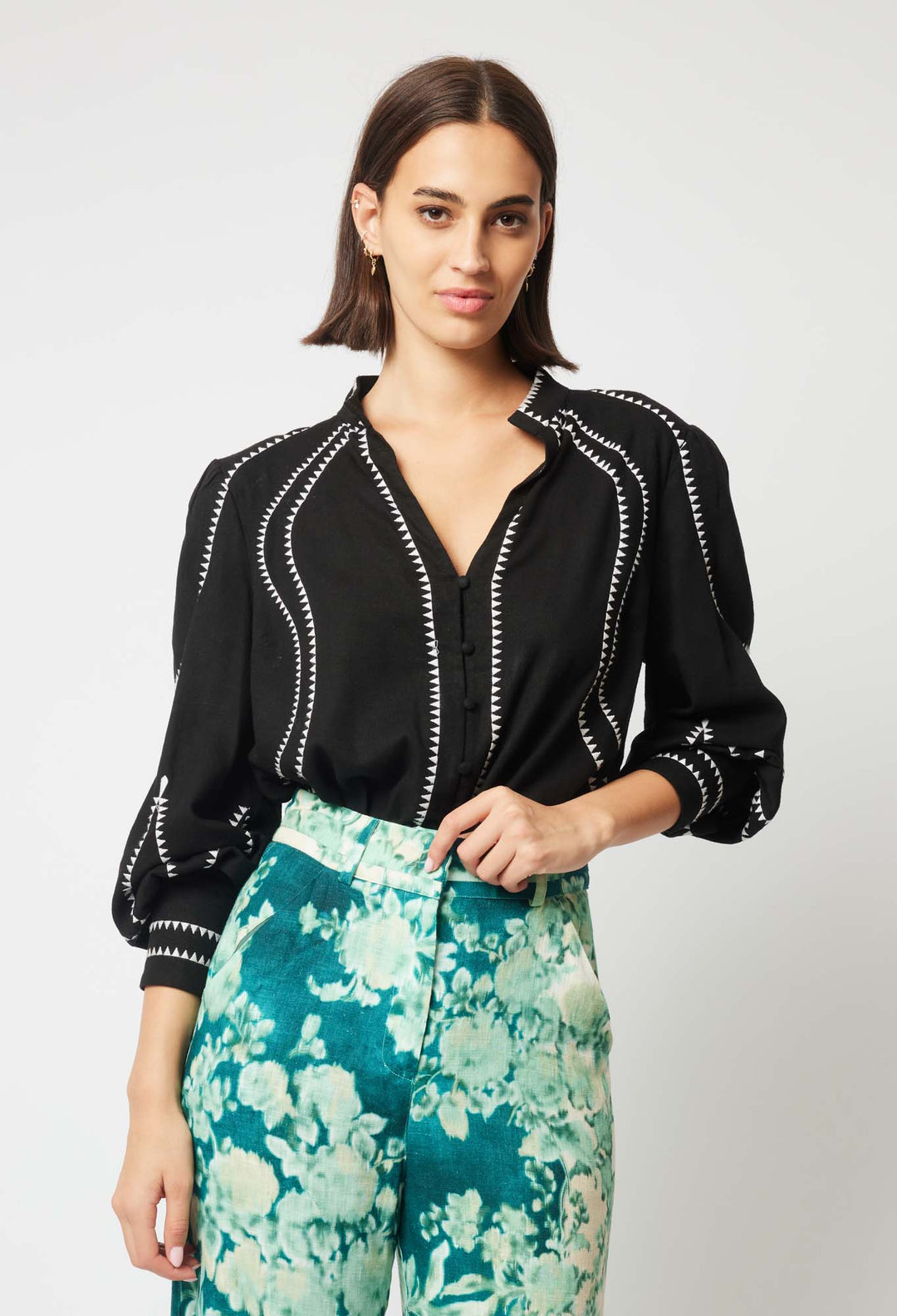 OnceWas Meridian Embroidered Linen Viscose Shirt in Black