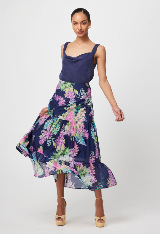 Bahia Cotton Silk Skirt in Navy Wisteria