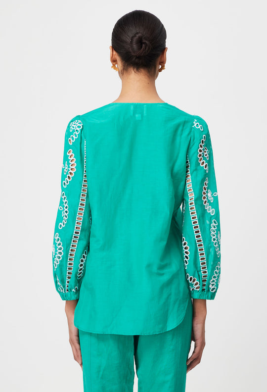 Morgan Embroidered Cotton Silk Blouse in Bay Green