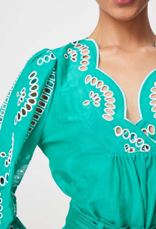 Morgan Embroidered Cotton Silk Blouse in Bay Green