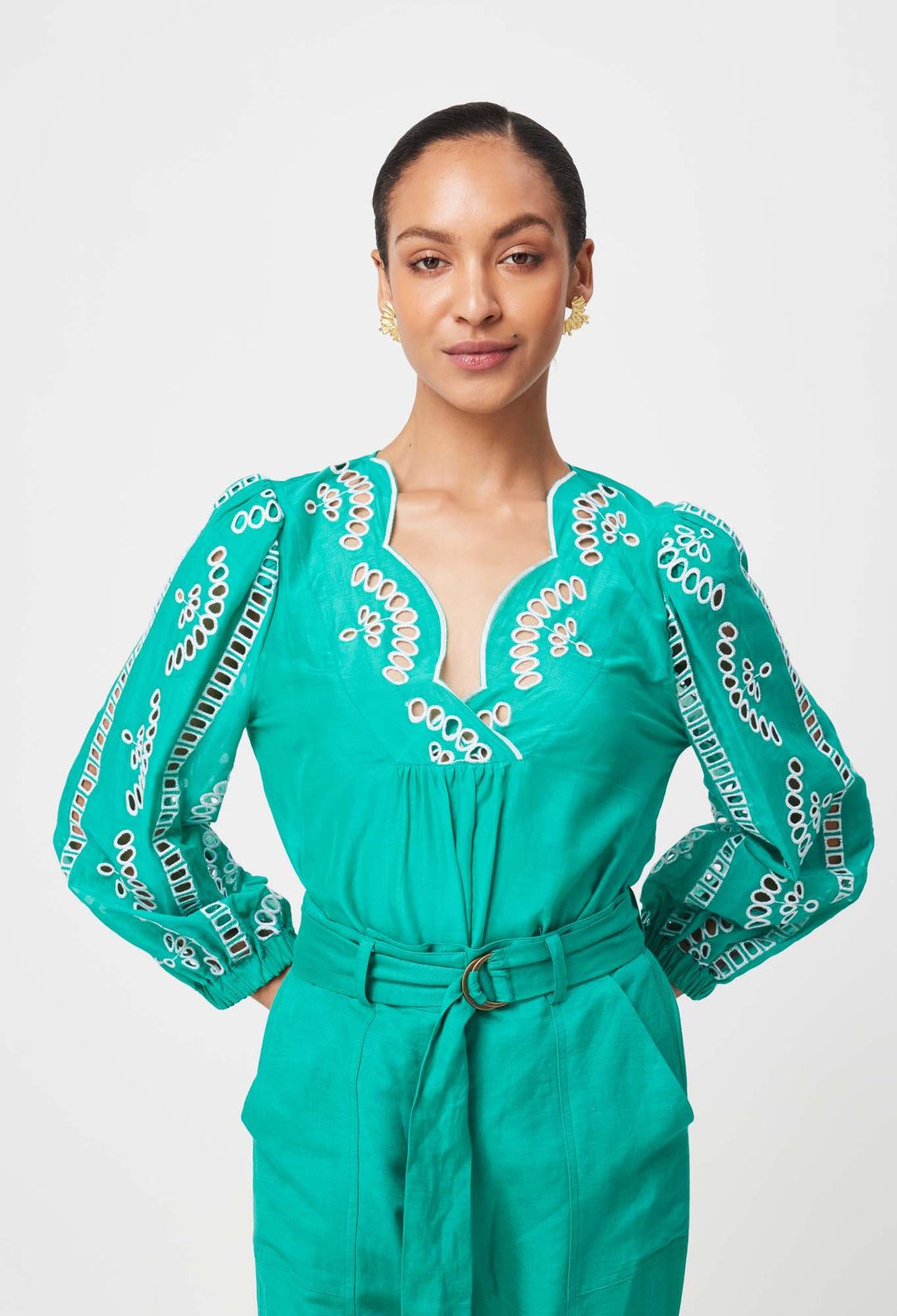 Morgan Embroidered Cotton Silk Blouse in Bay Green