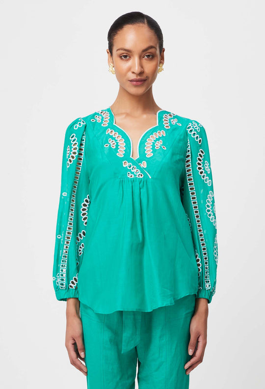 Morgan Embroidered Cotton Silk Blouse in Bay Green