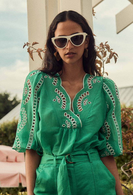 Morgan Embroidered Cotton Silk Blouse in Bay Green