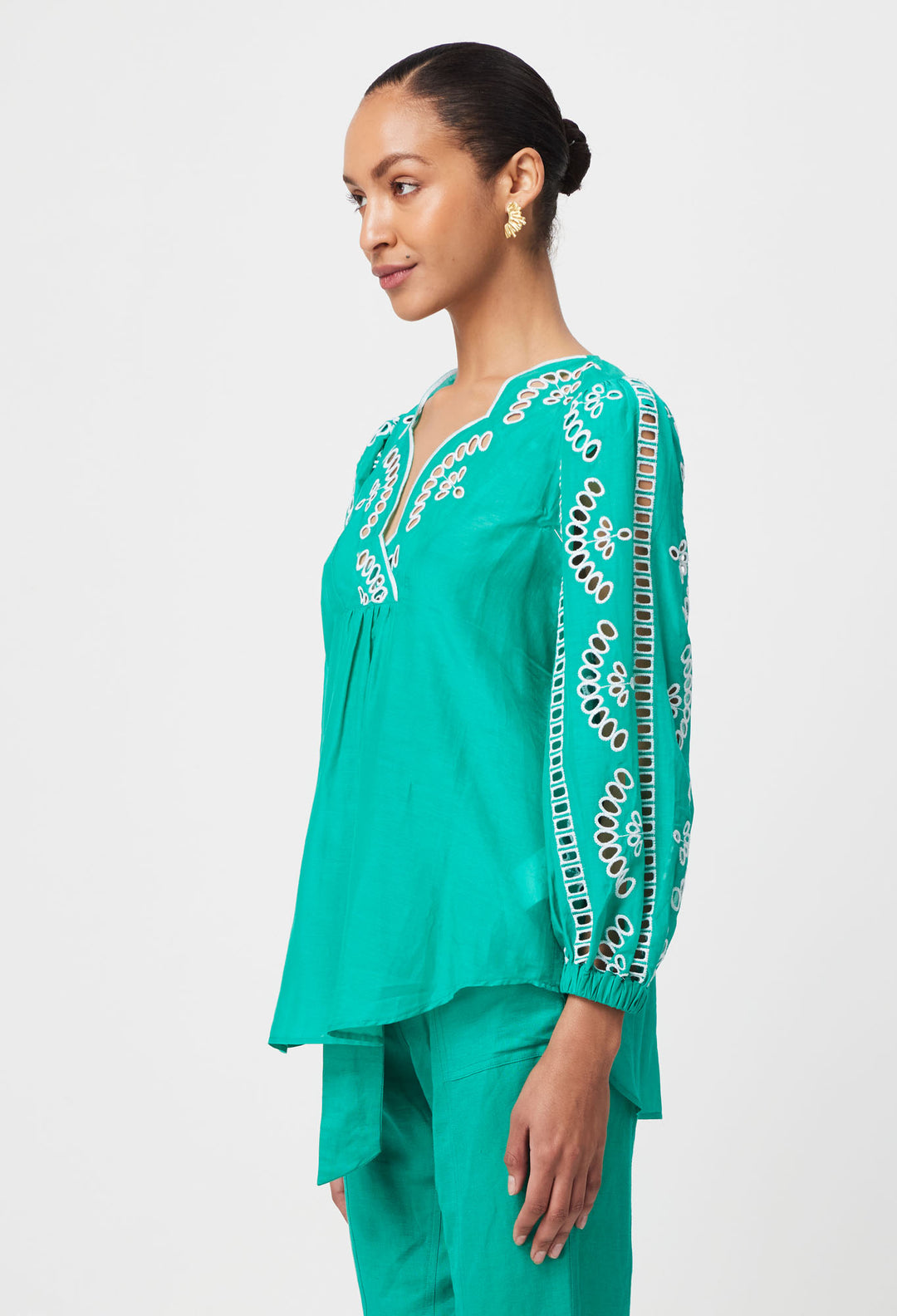 Morgan Embroidered Cotton Silk Blouse in Bay Green